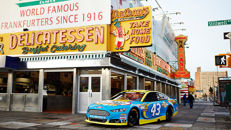 Race car in front of Nathan's location